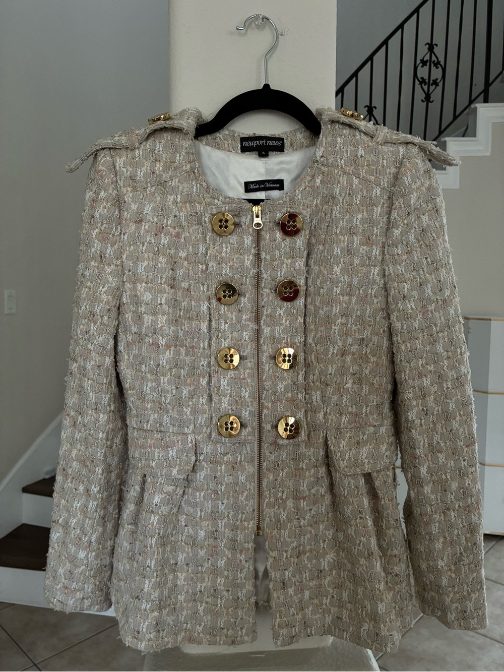Newport News Women's Beige Tweed Military-Style Blazer